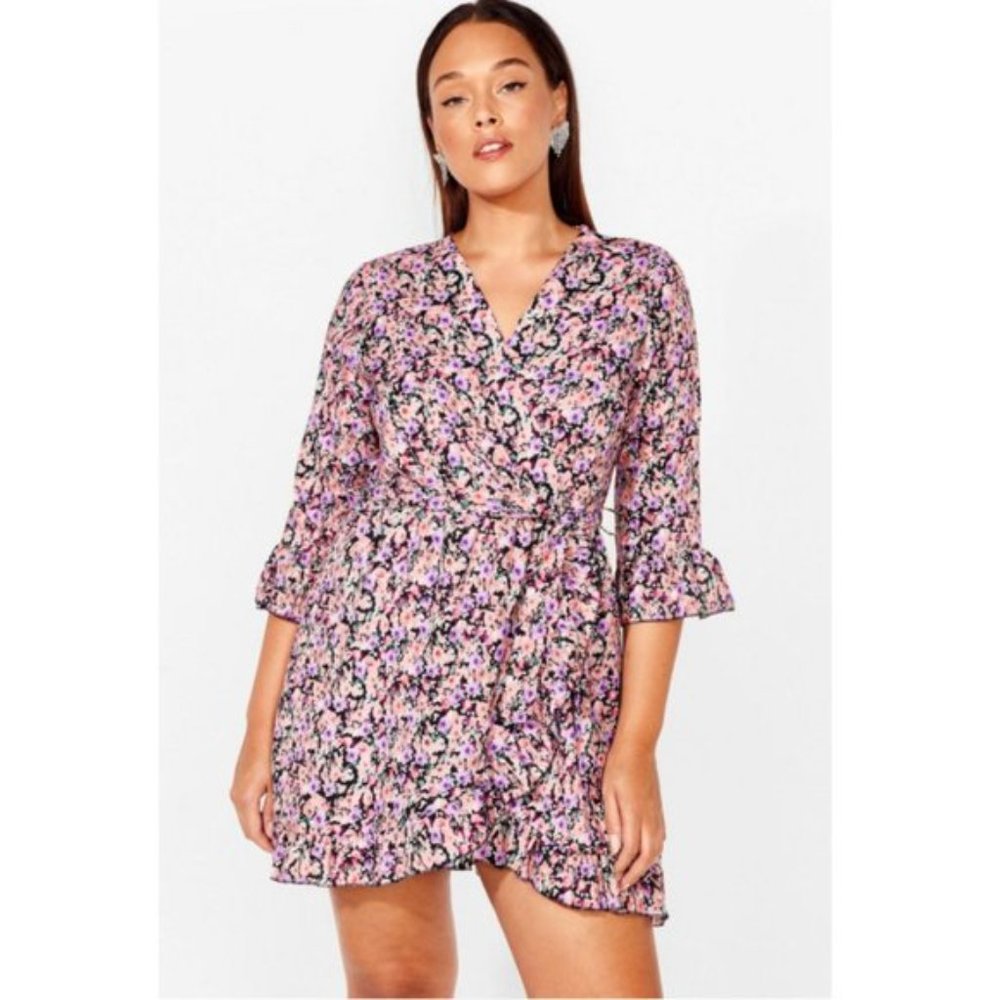 NWT Nasty Gal pink floral frilly faux wrap dress - Picture 2 of 16